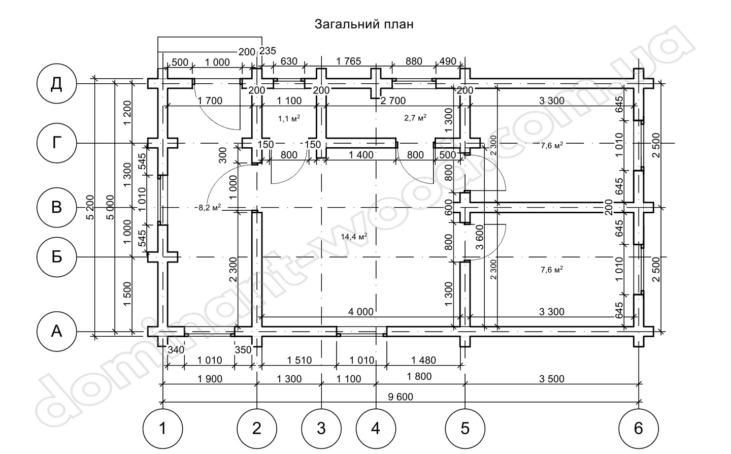 План дачного котеджу з соснових колод на дві кімнати, 48 м2 План дачного котеджу з соснових колод на дві кімнати, 48 м2