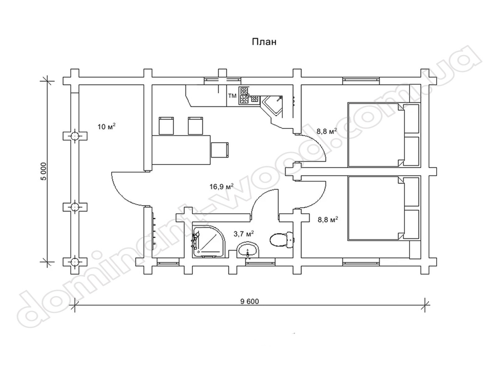План дачного котеджу 5 на 9,6 м з двома спальнями План дачного котеджу 5 на 9,6 м з двома спальнями
