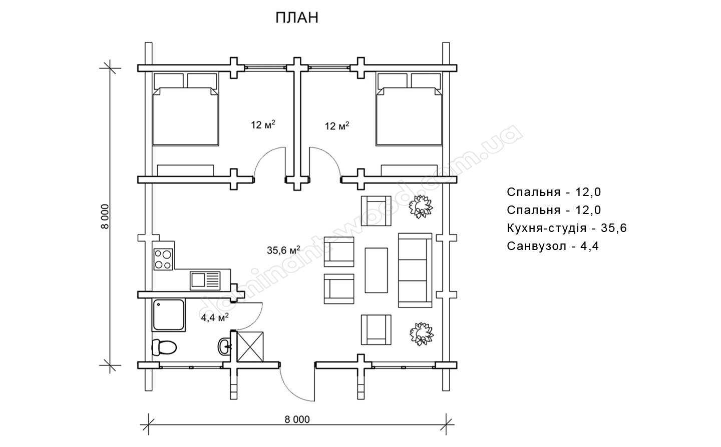План A-frame котеджу 64 м² з двома спальнями План A-frame котеджу 64 м² з двома спальнями